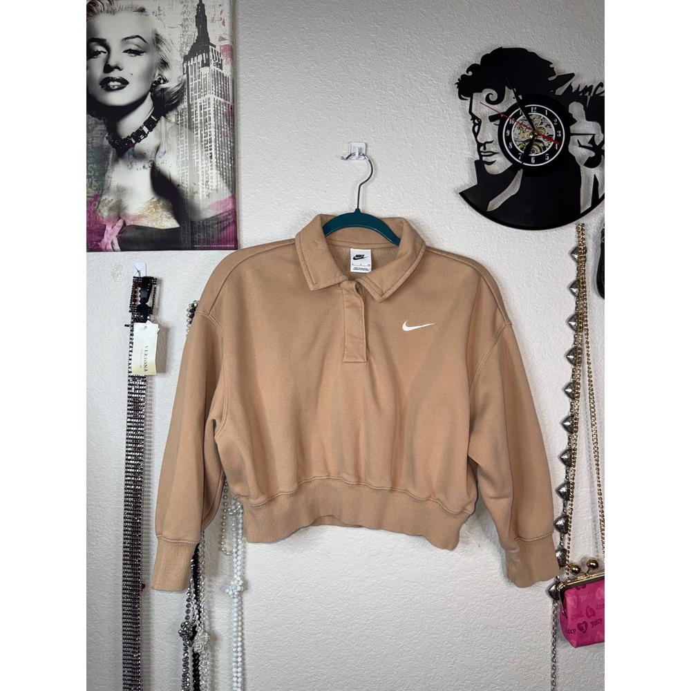 Nike Sportswear Phoenix Fleece Crop Polo Sweatshirt Woman's S Hemp Tan Oversized
